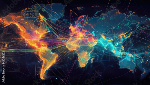Global network connecting world cities with data flow lines across continents