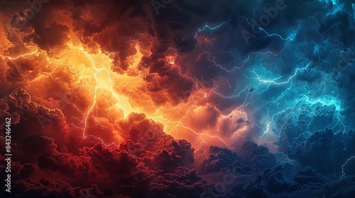 The raw power of nature on a stormy night, electric energy and lightning bolts lighting up a blue-red sky in abstract beauty photo