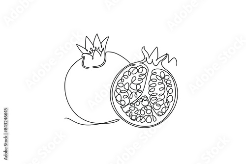 Single one line drawing whole and half sliced healthy organic pomegranate for orchard logo identity. Fresh seed concept for fruit garden. Modern continuous line draw design graphic vector illustration