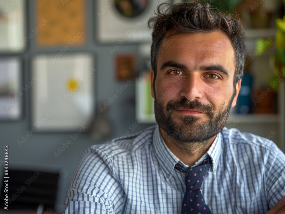 Close-up photo of a businessman with a beard smiling happily at the camera, a successful male executive with a face full of confidence Close-up photo of a businessman with a beard smiling happily at the camera, a successful male executive with a face full of confidence