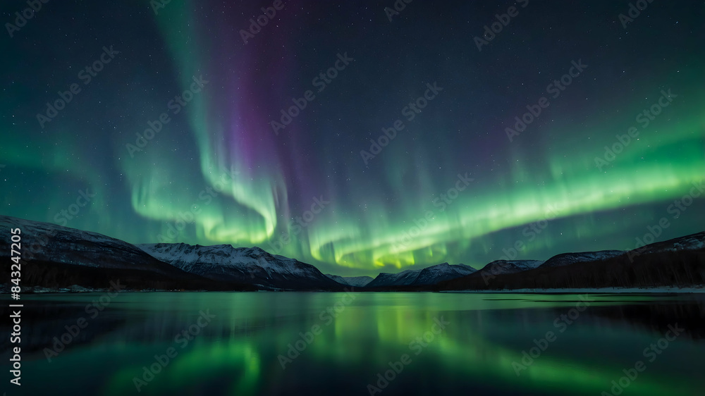 Naklejka premium Northern lights shimmering over a lake in Norway