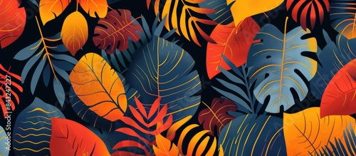 Seamless pattern with tropical leaves in flat design, red, orange and dark blue color palette on dark background © boxstock production