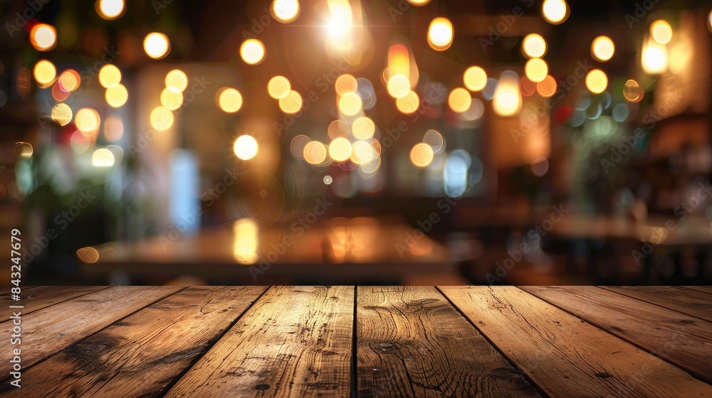 Empty wooden table top with lights bokeh on blur restaurant background, generative ai Empty wooden table top with lights bokeh on blur restaurant background, generative ai