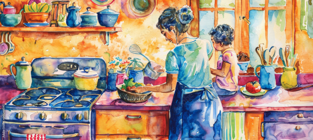 Artistic watercolor of a joyful mother teaching her child to bake in a colorful kitchen