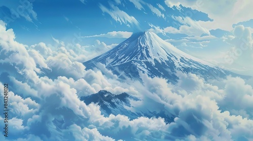 Mount Fuji in a soft blue sky with clouds for asian or travel themed designs