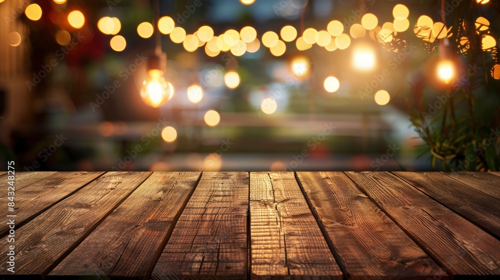 Empty wooden table top with lights bokeh on blur restaurant background, generative ai