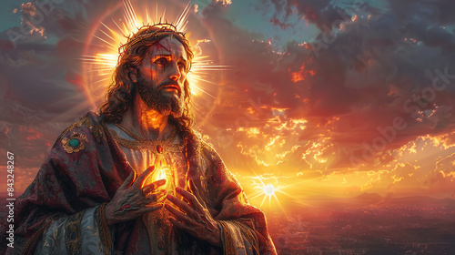 sacred heart of jesus christ rising sun golden background generative art