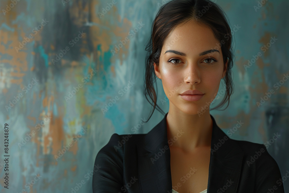 Fototapeta premium Professional Woman in a Blazer with a Serious Expression in a Corporate Setting 