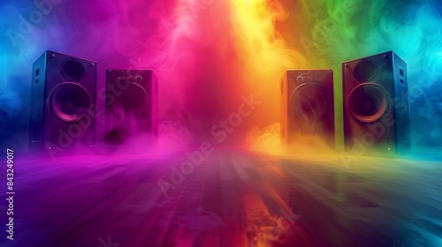 Neon speakers in a colorful smoke cloud for music or technology themed designs