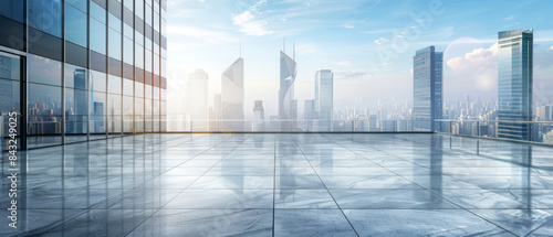 A city skyline with a large empty building in the middle