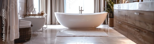 A modern bathroom with a large bathtub  a sink  and a toilet