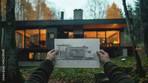 A person holding a blueprint of a house in front of a real house photo