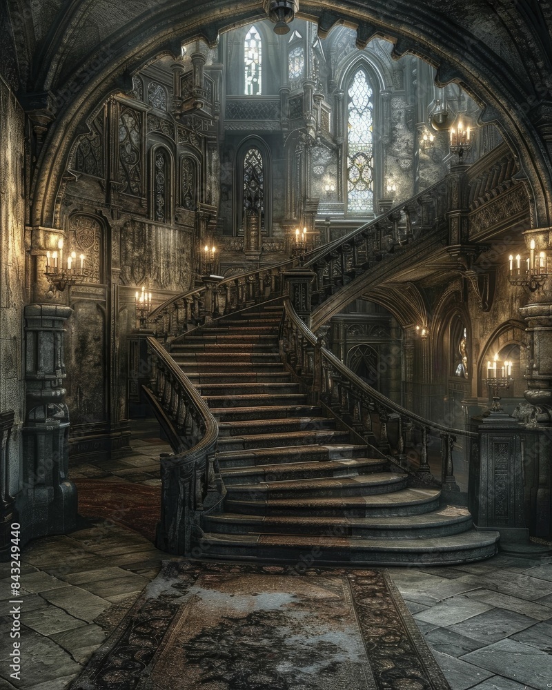 Gothic charm within a castle's interior spaces, dim lighting, detailed stone carvings, creating a sense of historical mystery Gothic charm within a castle's interior spaces, dim lighting, detailed stone carvings, creating a sense of historical mystery
