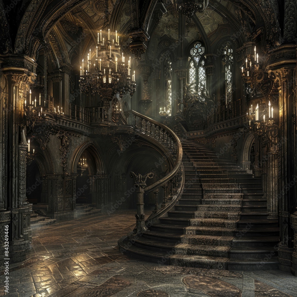 Gothic interior design bringing a medieval atmosphere, detailed carvings, dim lighting, creating a sense of historical mystery