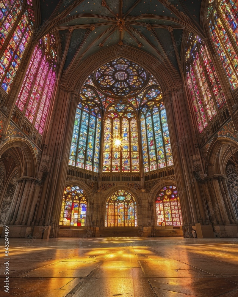 Grand gothic cathedral windows reflecting history and art, intricate stained glass, ancient legends, light illuminating a majestic sight.