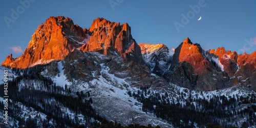 Peak Majestic Rocky Mountain is snowy with a clear morning sky with a crescent moon in the background.