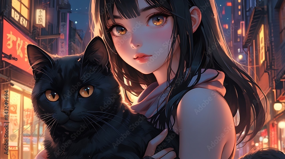 beautiful anime girl with her black cat in the night beautiful anime girl with her black cat in the night