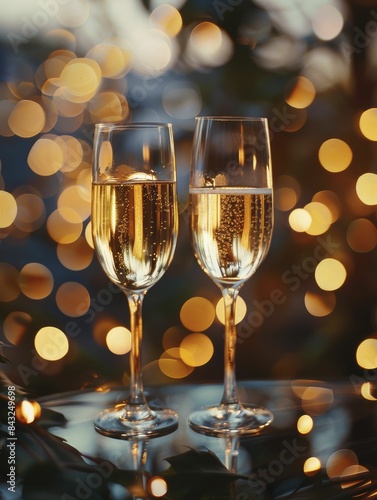 Sophisticated champagne night celebrating life's milestones, elegant setting, sparkling glasses, friends enjoying a special occasion.