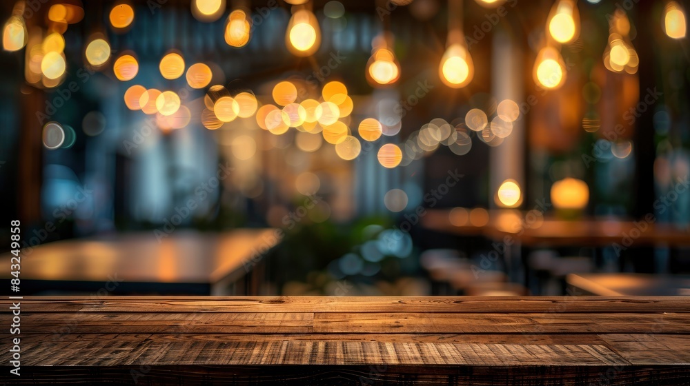 Empty wooden table top with lights bokeh on blur restaurant background, generative ai Empty wooden table top with lights bokeh on blur restaurant background, generative ai