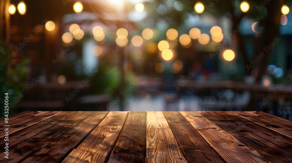 Empty wooden table top with lights bokeh on blur restaurant background, generative ai Empty wooden table top with lights bokeh on blur restaurant background, generative ai