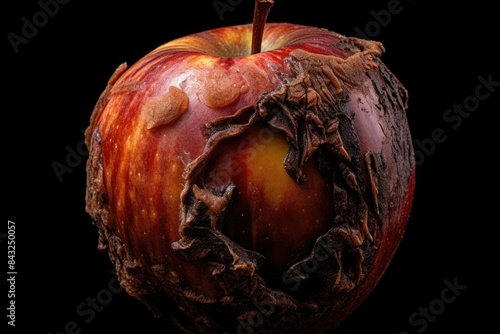 side view of rotten apple on a black background. the fruit is spoiled and rotting. plant disease or virus