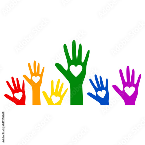 Hands up with hearts on Rainbow color. Pride flag illustration. Lgbt community symbol in rainbow colors. Vector backdrop for your design. Charity Silhouette.
