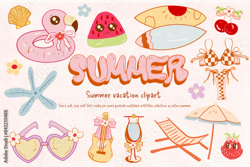 Retro Summer Vacation Clipart Collection with Fun Beach Elements, Whimsical Summer Beach Clipart Set, Hippie 70s summer Vacation 