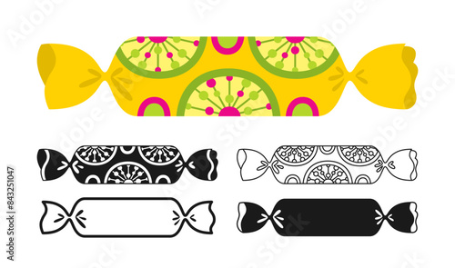 Candy with flat ornament wrapped sign set. Sweets bonbon lollipop chocolate, caramel candies snack silhouette, icon linear design. Simple symbol tasty sugar dessert food. Wrapped caramel yummy vector