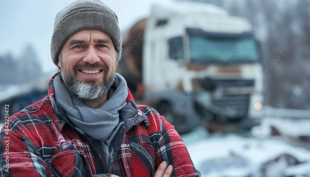 Truck driver smiling in winter setting Truck driver smiling in winter setting