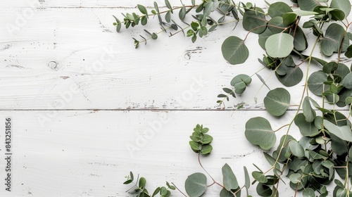 Eucalyptus branches and leaves on wooden rustic white background. Minimal background eucalyptus on white board. Flat lay, top view, copy space, generative ai