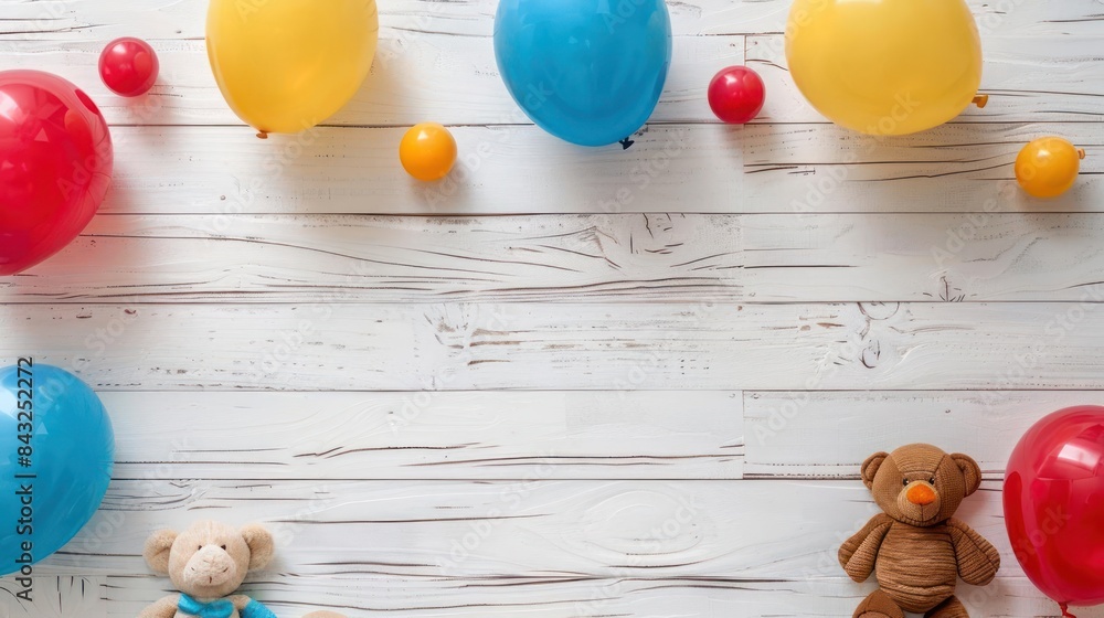 Obraz premium Tranquil Moments with a Minimalist Teddy Bear and a Rainbow of Balloons
