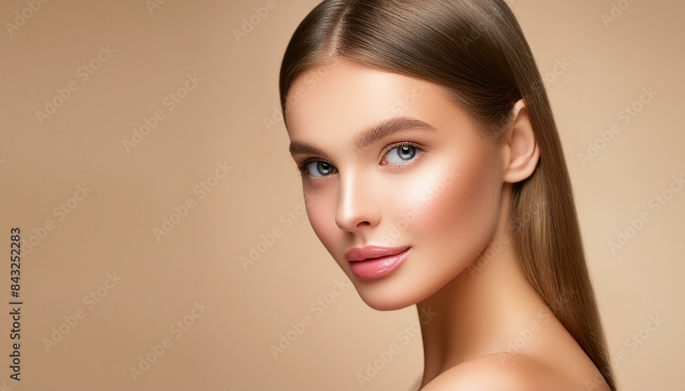 Close-up of woman with unmarked skin and beige background Close-up of woman with unmarked skin and beige background