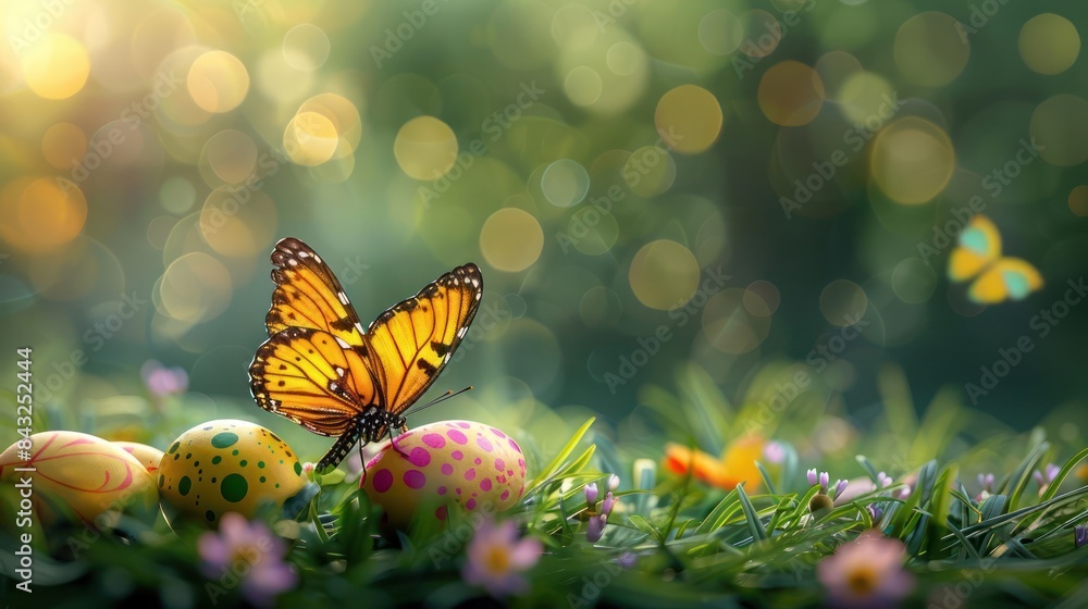 A Butterfly's Rest atop Colorful Eggs, An Easter Tableau A Butterfly's Rest atop Colorful Eggs, An Easter Tableau