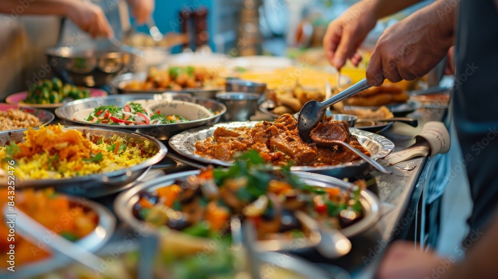 Detailed view of an iftar meal being prepared in a kitchen, with hands arranging food on platters Detailed view of an iftar meal being prepared in a kitchen, with hands arranging food on platters