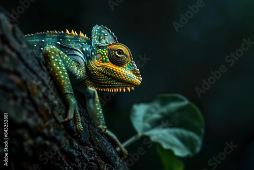 Camouflaged chameleon on tree branch surrounded by lush green leaves in natural habitat wildlife scene