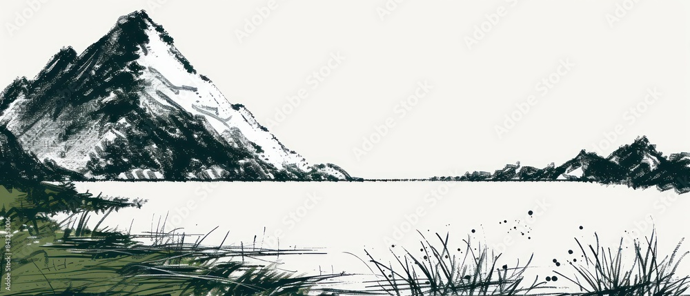 Fototapeta premium mountain view and river watercolor paint, white background