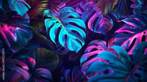 Wallpaper Mural Neon-infused jungle scene with glowing monstera leaves, vibrant blue and green technology elements merging seamlessly with nature Torontodigital.ca