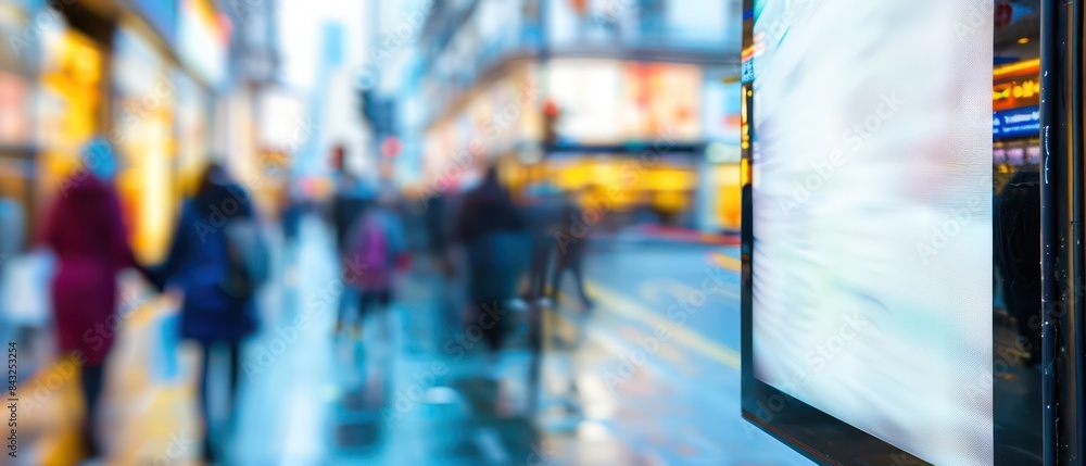 blank advertising billboard at a bustling bus stop, with a blurred background of pedestrians and vehicles passing blank advertising billboard at a bustling bus stop, with a blurred background of pedestrians and vehicles passing