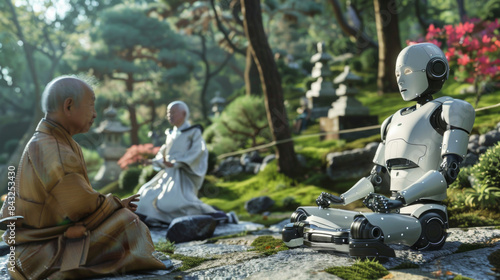 A robot is sitting on a rock next to a man and a woman