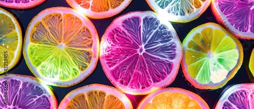 lemon fruits, colorful glossy neon slices, black background photo