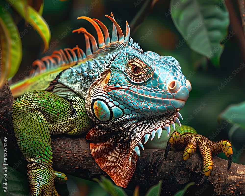 Fototapeta premium Green Iguana Resting on Tree Branch in Tropical Habitat