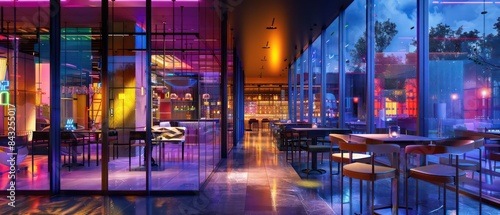 stunning cafe or gathering space made predominantly of glass, with enchanting neon lighting that enhances its luxurious and contemporary appeal.
