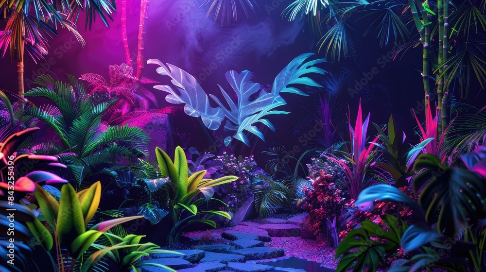 Neon jungle, exotic plants bathed in vibrant Neon jungle, exotic plants bathed in vibrant