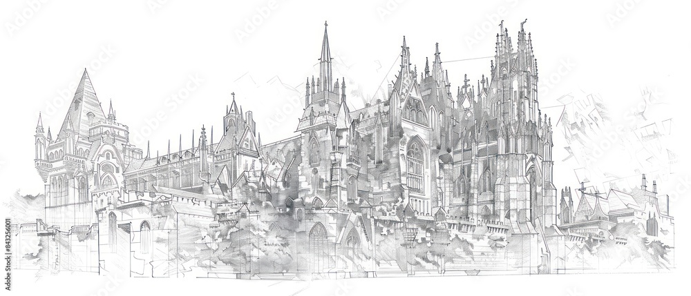 pencil drawing, Gothic architecture rises from the page with intricate arches and ornate details, set against a clean white backdrop pencil drawing, Gothic architecture rises from the page with intricate arches and ornate details, set against a clean white backdrop