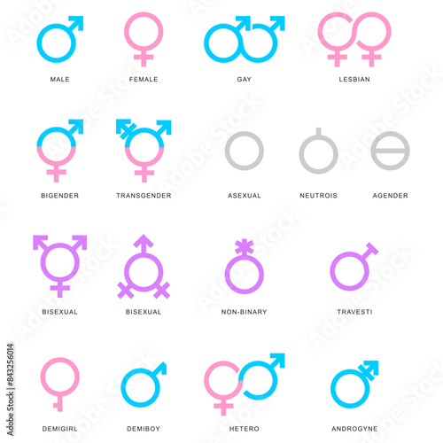 Set of gender symbols on a white background. Collection Sexual orientation signs collection. Vector illustration flat design. Simple thin line icon design. Gender and sexual identity. LGBT symbol.