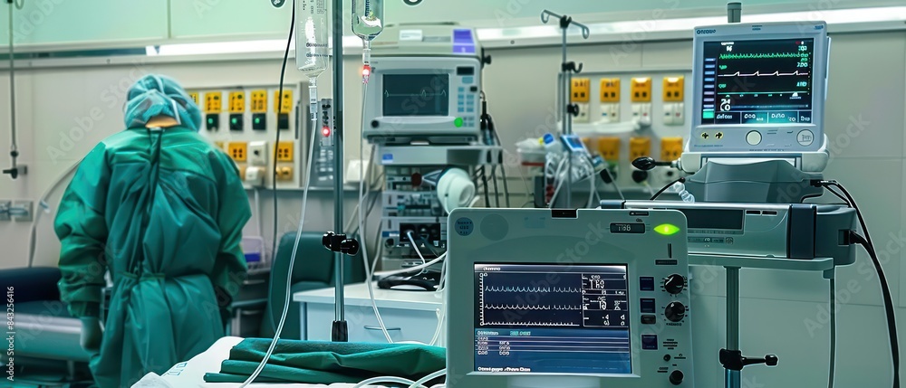operating room, medical equipment including a drip machine is set up ...