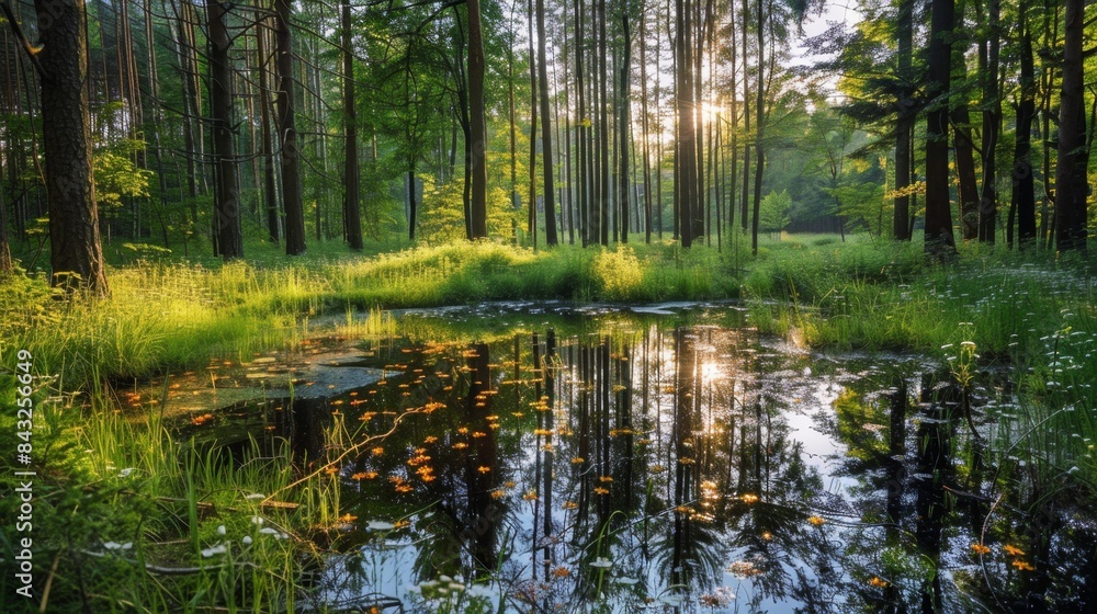 Serene forest pond reflecting tall trees at sunset, creating a peaceful and tranquil nature scene with lush greenery and calm waters. Serene forest pond reflecting tall trees at sunset, creating a peaceful and tranquil nature scene with lush greenery and calm waters.