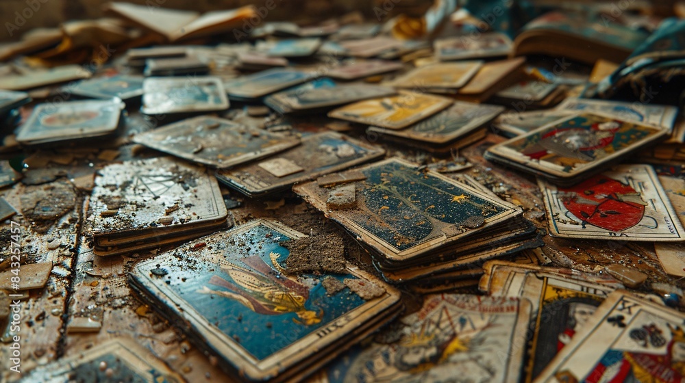 Fototapeta premium Tarot cards scattered on an ancient, enchanted-looking wooden surface