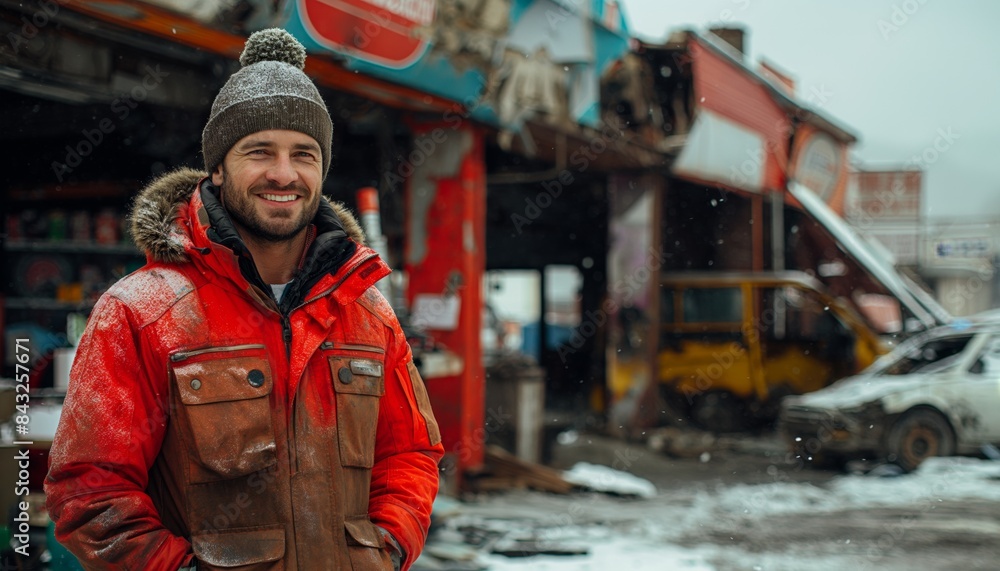 Fototapeta premium Young man smiling in disaster-stricken zone