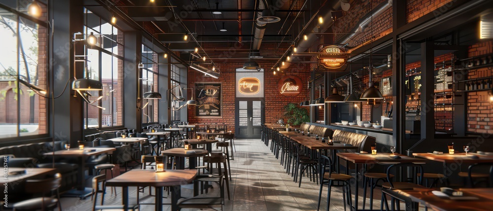 restaurant showcases a sleek industrial look with exposed red brick walls, black steel elements, and strategically placed hidden lights for a sophisticated touch restaurant showcases a sleek industrial look with exposed red brick walls, black steel elements, and strategically placed hidden lights for a sophisticated touch
